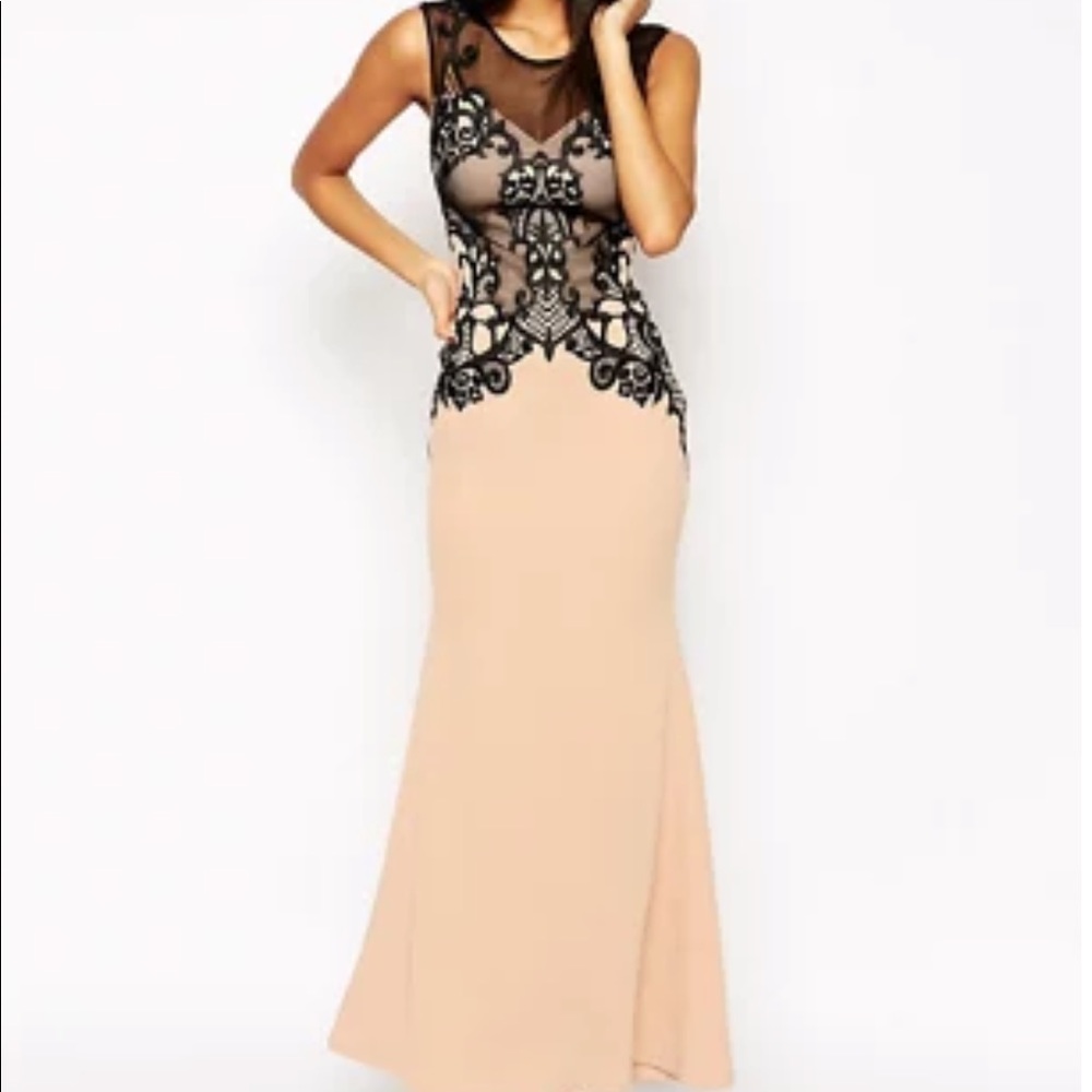 Lipsy Embellished Lace Built Up Maxi Dress - Nude and Black / US 4